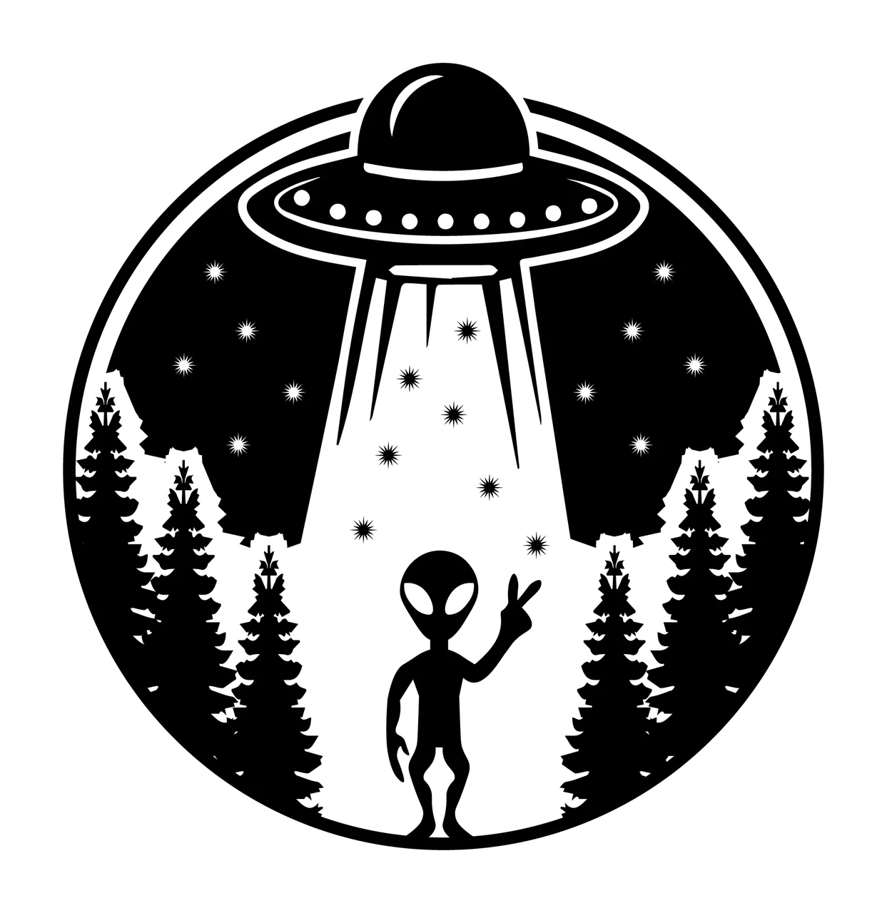 Alien Silhouette With Ufo Abduction Scene waving trees stars