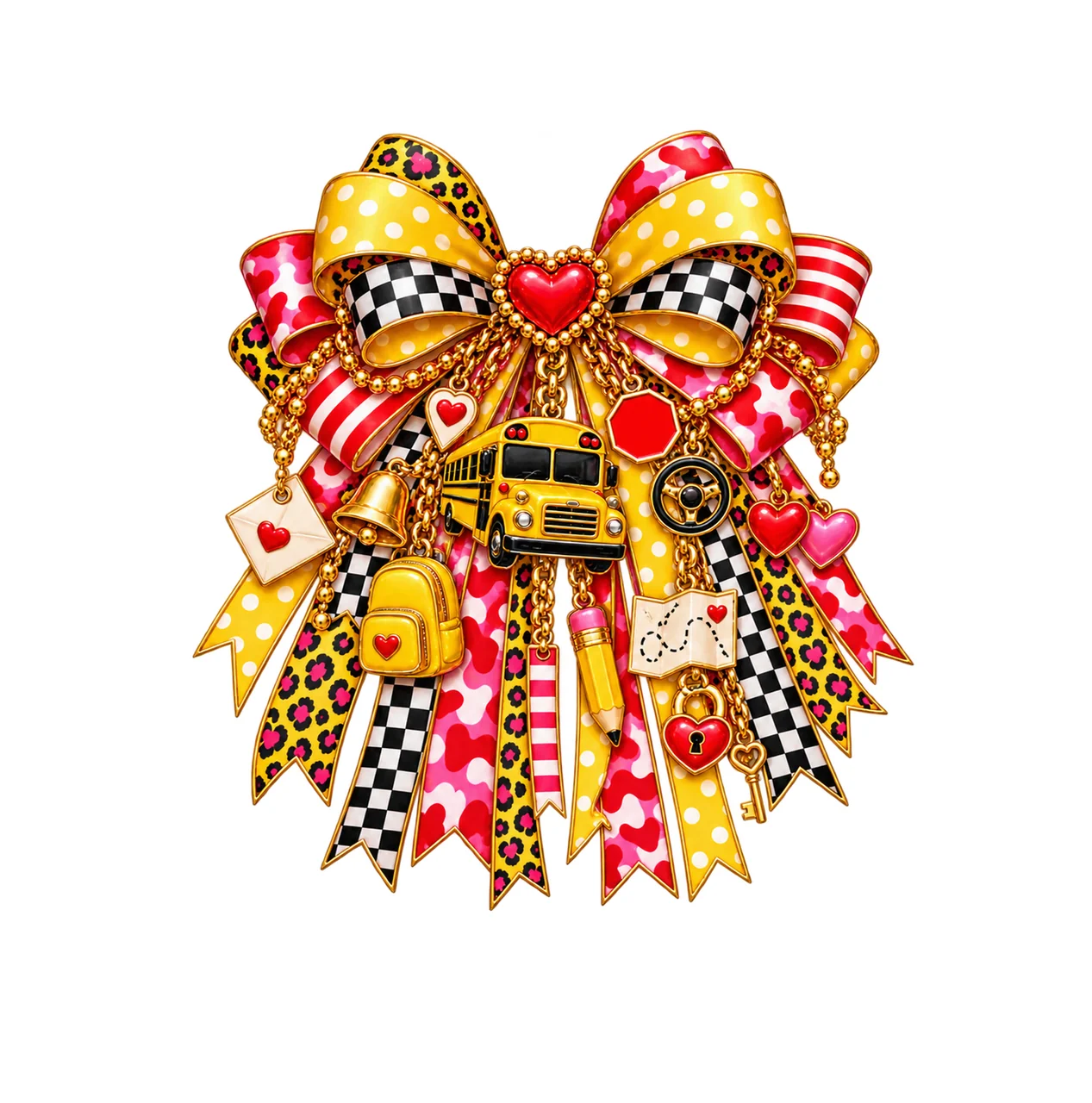 School Bus Valentine Bow Charm PNG, Gold Chain Charms, Transparent Sublimation Design, Digital Download