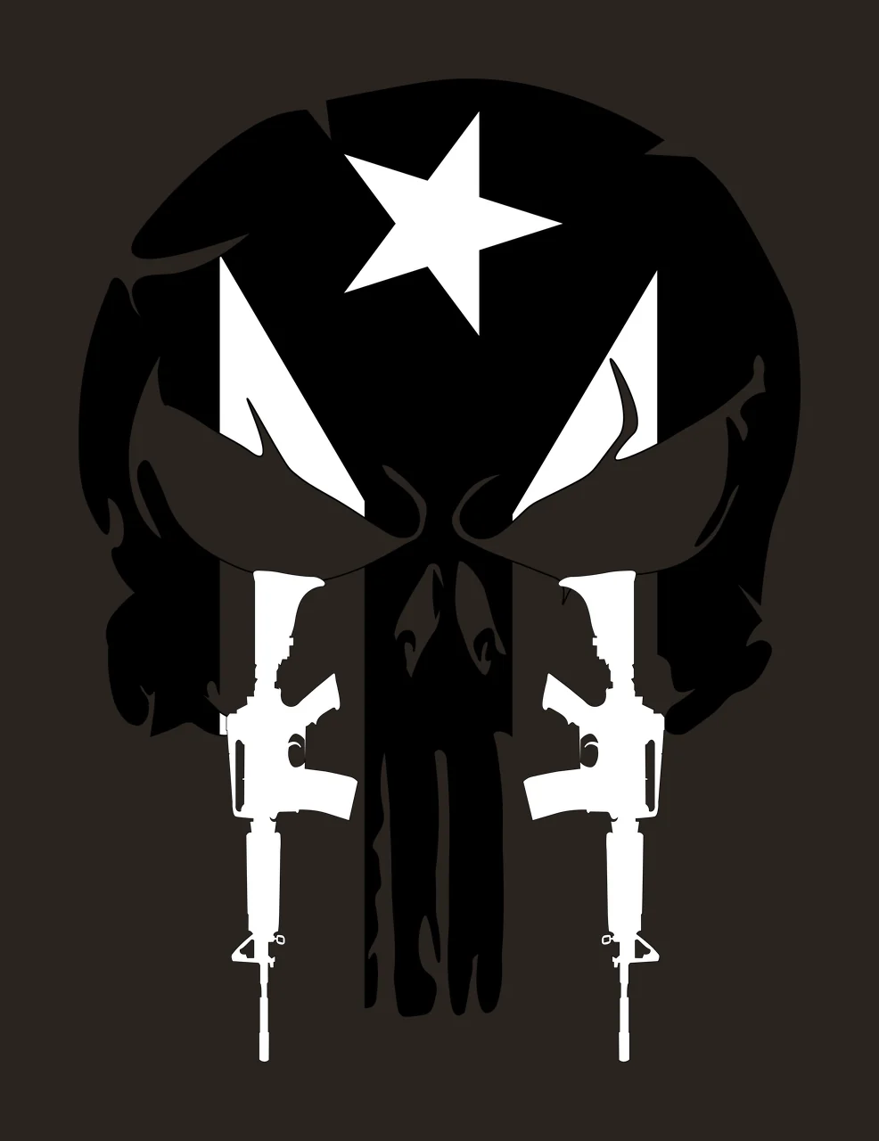 Stylized skull emblem Illustration with five-pointed star, vertical stripes, assault rifles and eye sockets in black and white contrast preview thumbnail