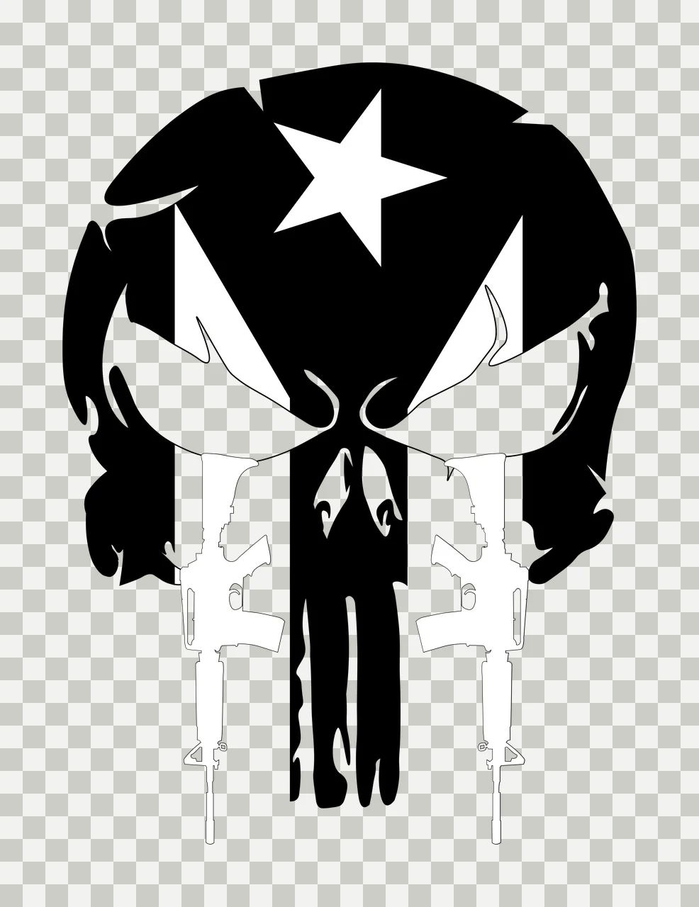 Stylized skull emblem Illustration with five-pointed star, vertical stripes, assault rifles and eye sockets in black and white transparency and detail preview thumbnail