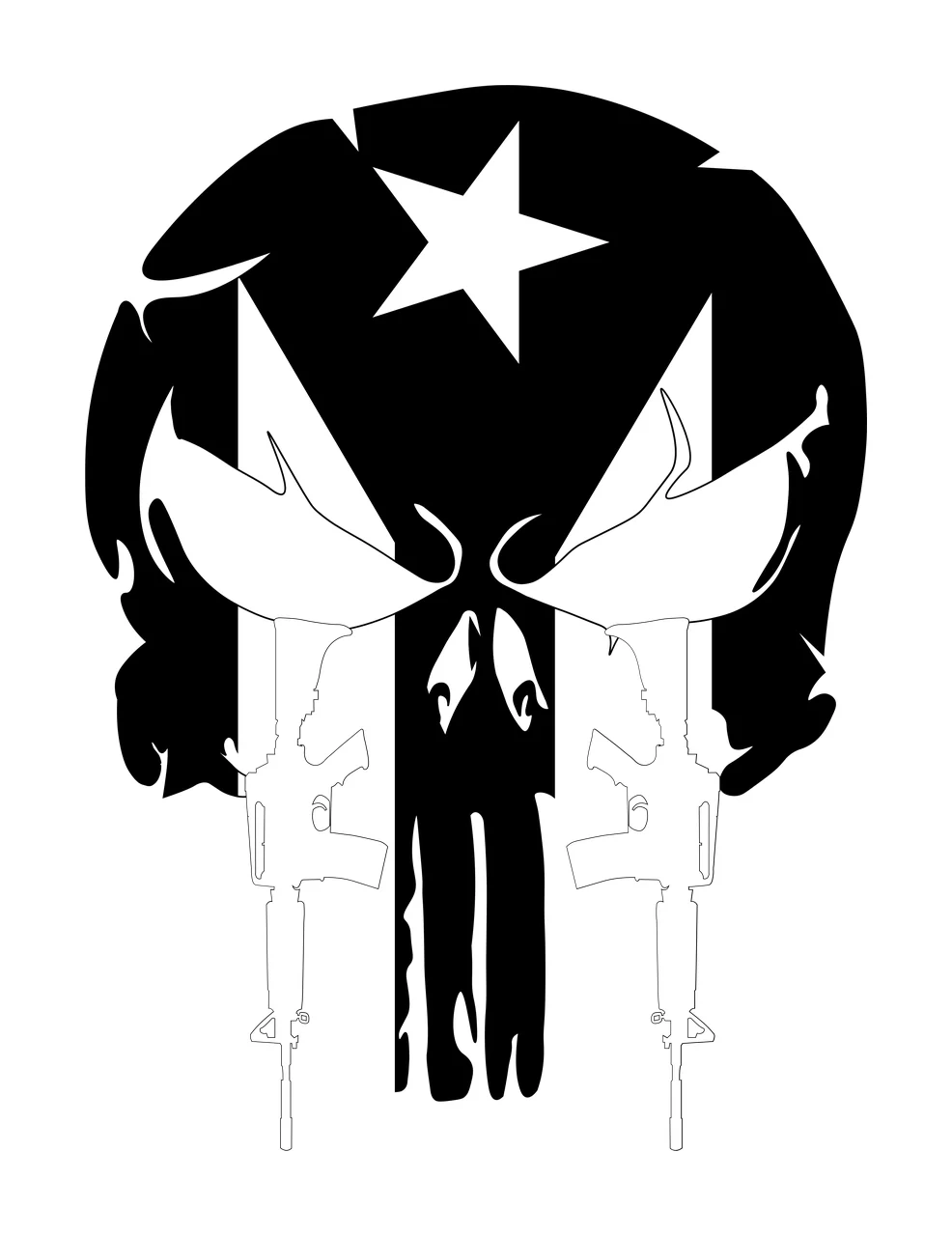Stylized skull emblem Illustration with five-pointed star, vertical stripes, assault rifles and eye sockets in black and white