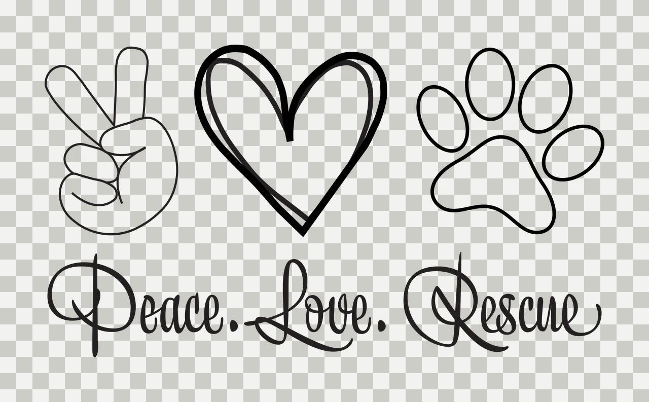 Peace. Love. Rescue Peace Love Rescue Design with peace sign hand, double-lined heart, paw print and cursive text in black transparency and detail preview thumbnail