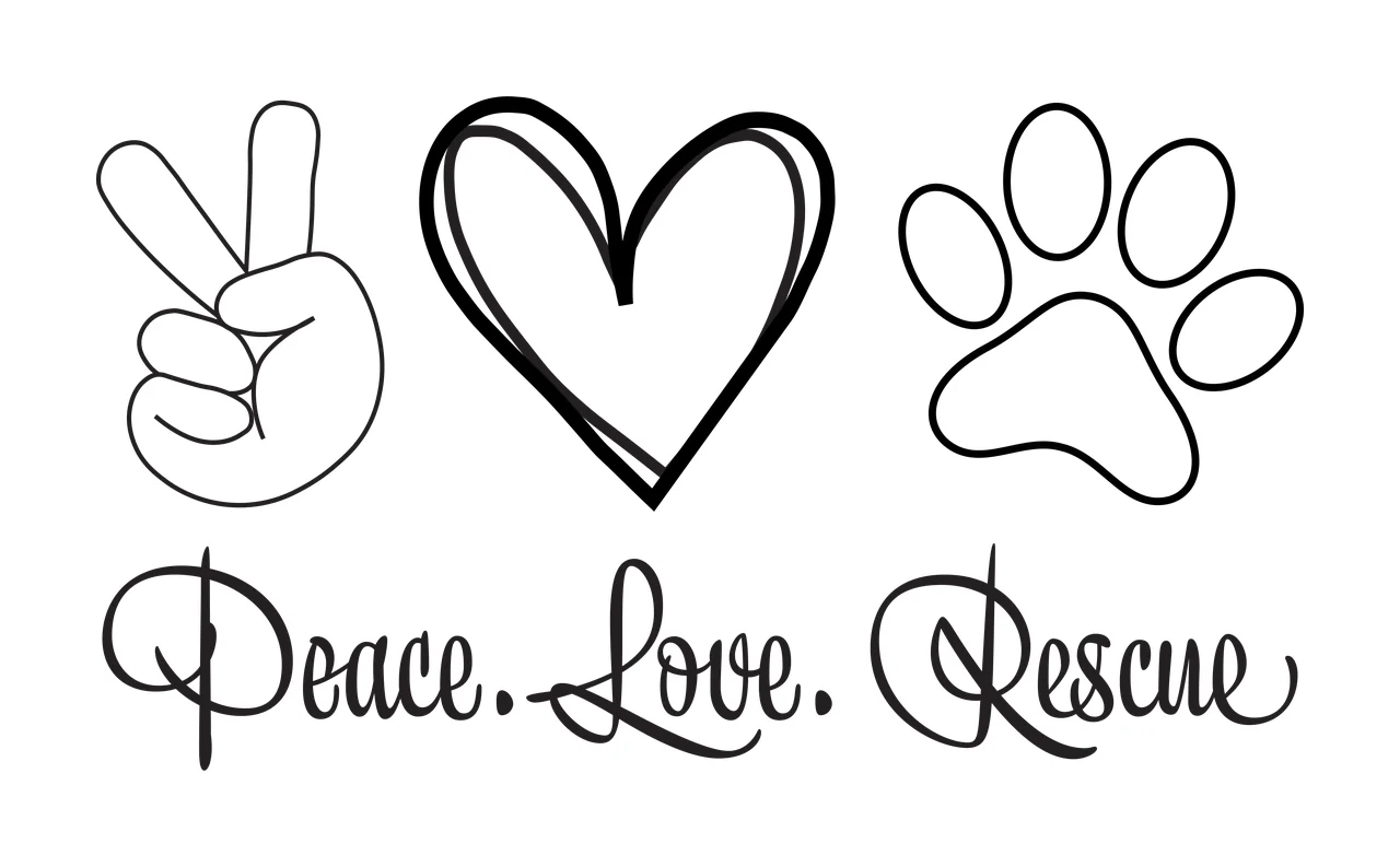 Peace. Love. Rescue Peace Love Rescue Design with peace sign hand, double-lined heart, paw print and cursive text in black
