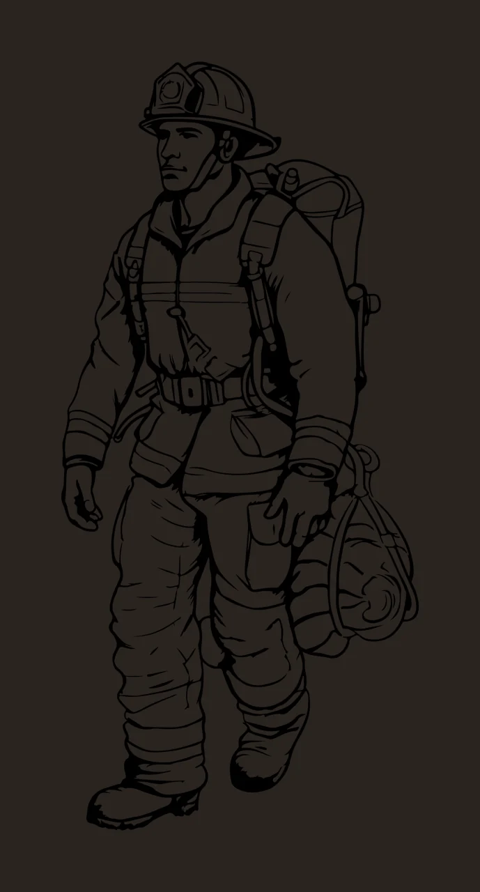 Firefighter Walking Carrying A Gear Bag helmet uniform line art contrast preview thumbnail