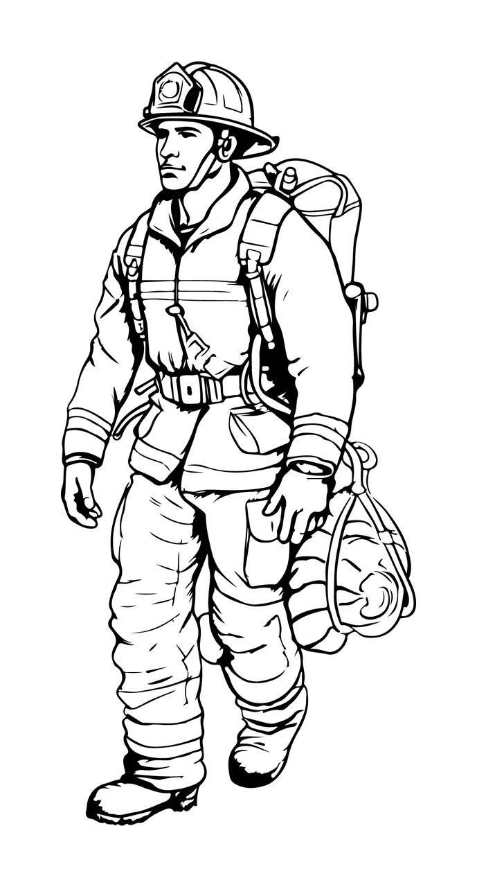 Firefighter Walking Carrying A Gear Bag helmet uniform line art