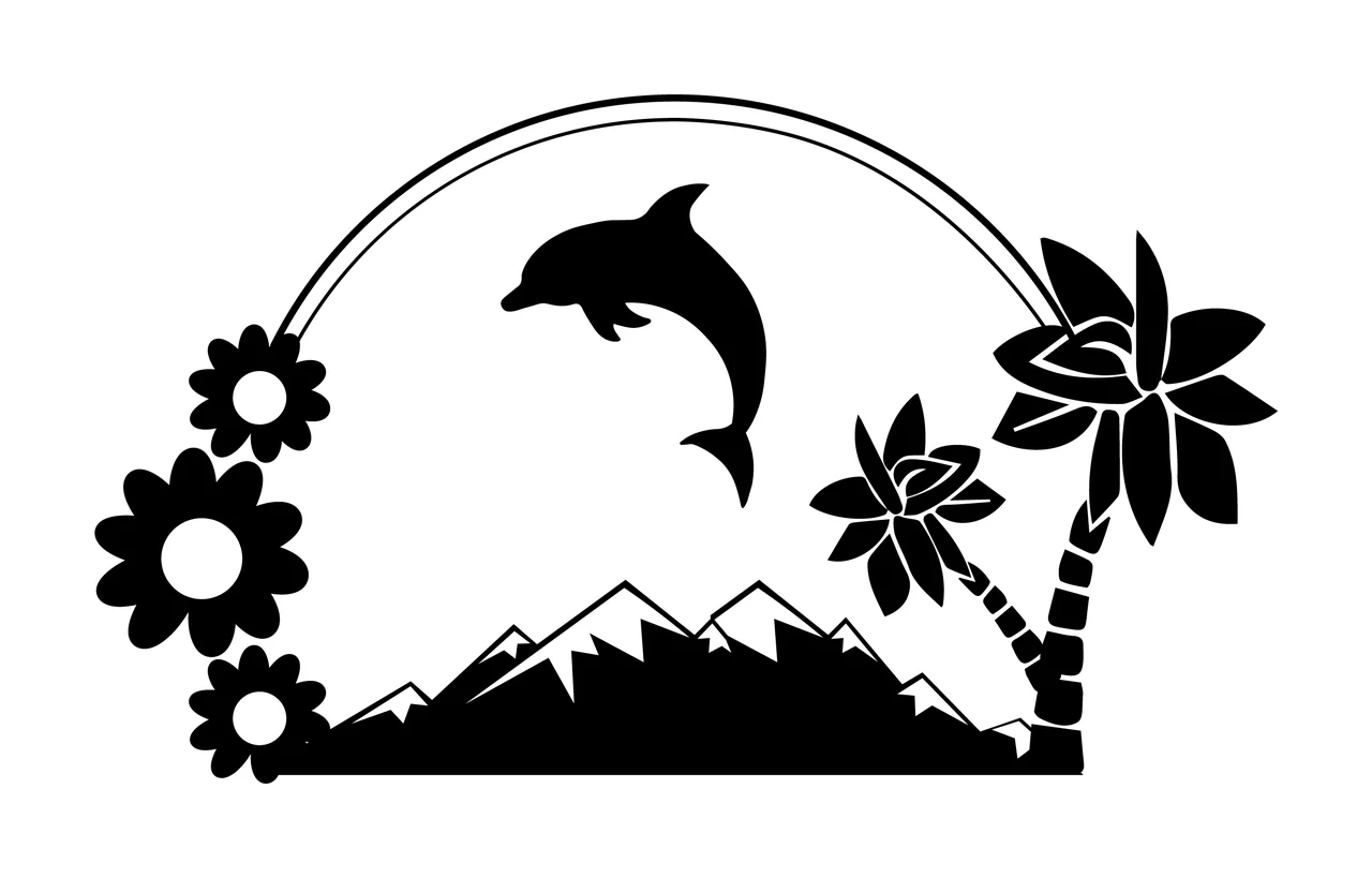 Palm Dolphin Leaping Above Mountain Landscape Scene mountains