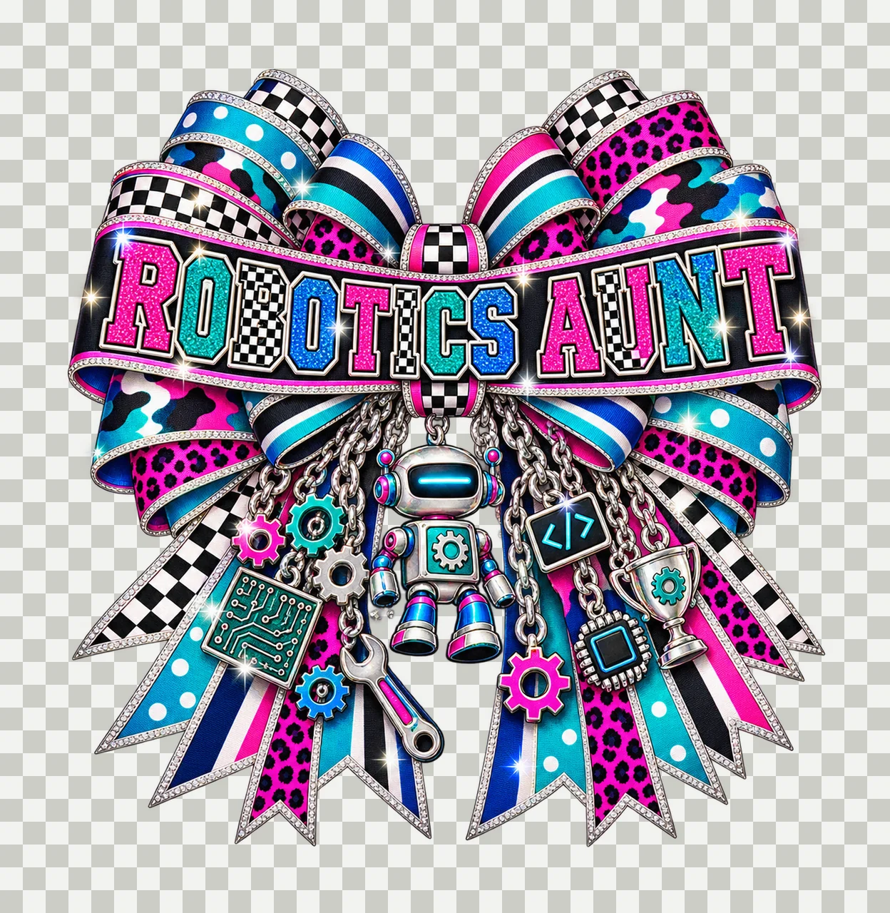 Robotics Aunt Bow Charm PNG, Patterned Varsity Aunt Ribbon Clipart, Transparent Sublimation Digital Download transparency and detail preview thumbnail