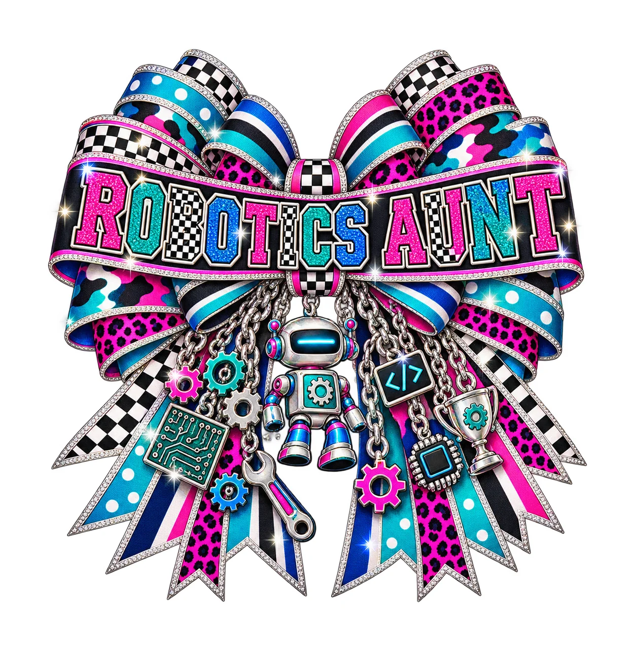 Robotics Aunt Bow Charm PNG, Patterned Varsity Aunt Ribbon Clipart, Transparent Sublimation Digital Download