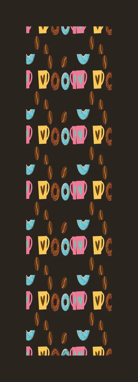 Repeating pattern of coffee-related icons Illustration with pink mug, yellow mug, blue mug and brown donut contrast preview thumbnail