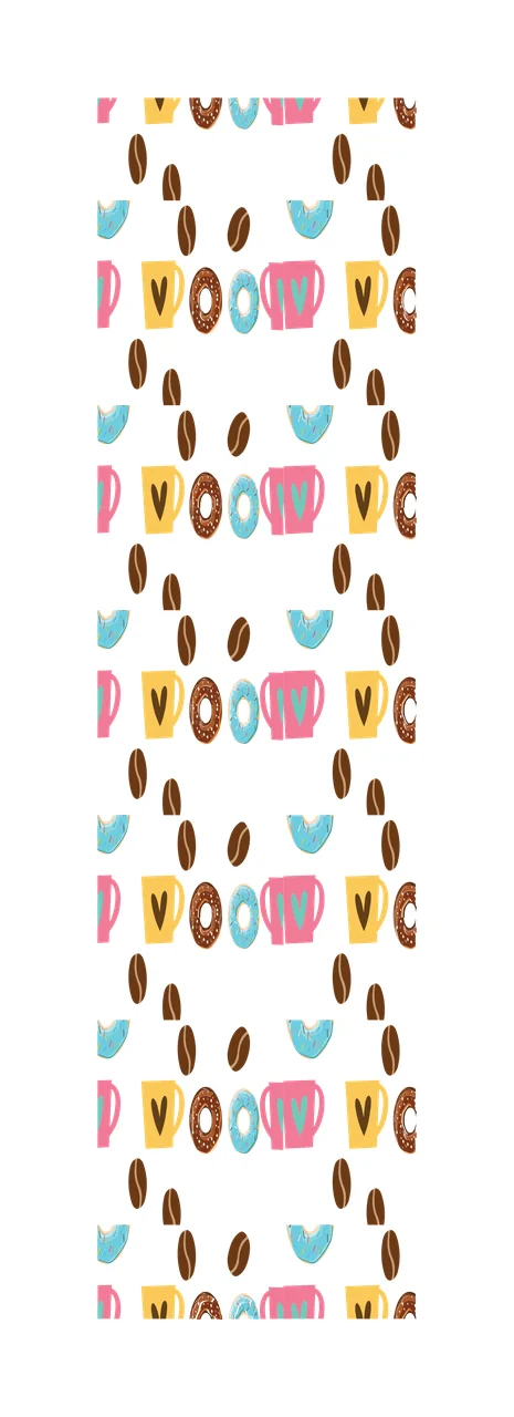 Repeating pattern of coffee-related icons Illustration with pink mug, yellow mug, blue mug and brown donut
