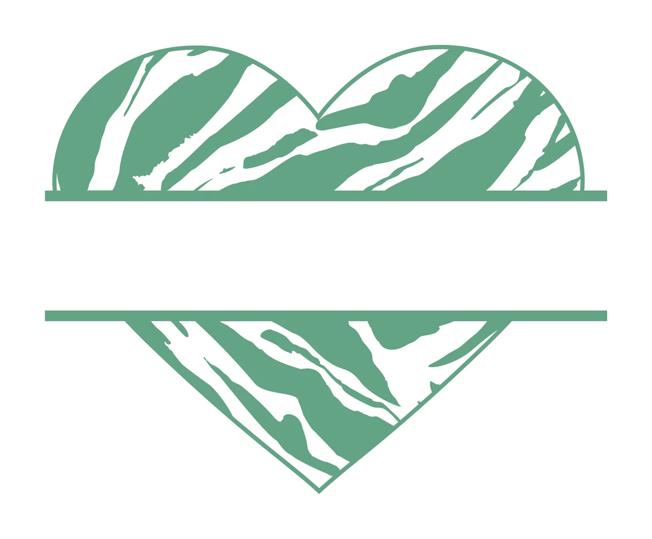 Heart Illustration with zebra pattern, stripes, heart frame and blank space in sage green and white