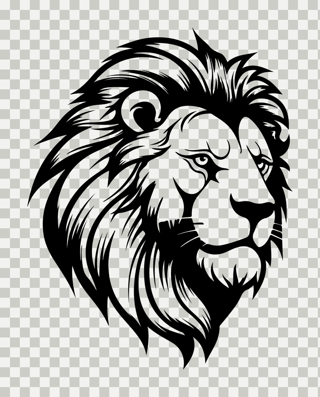 Lion Head Silhouette Graphic Roar Mane Stylized Black White transparency and detail preview thumbnail