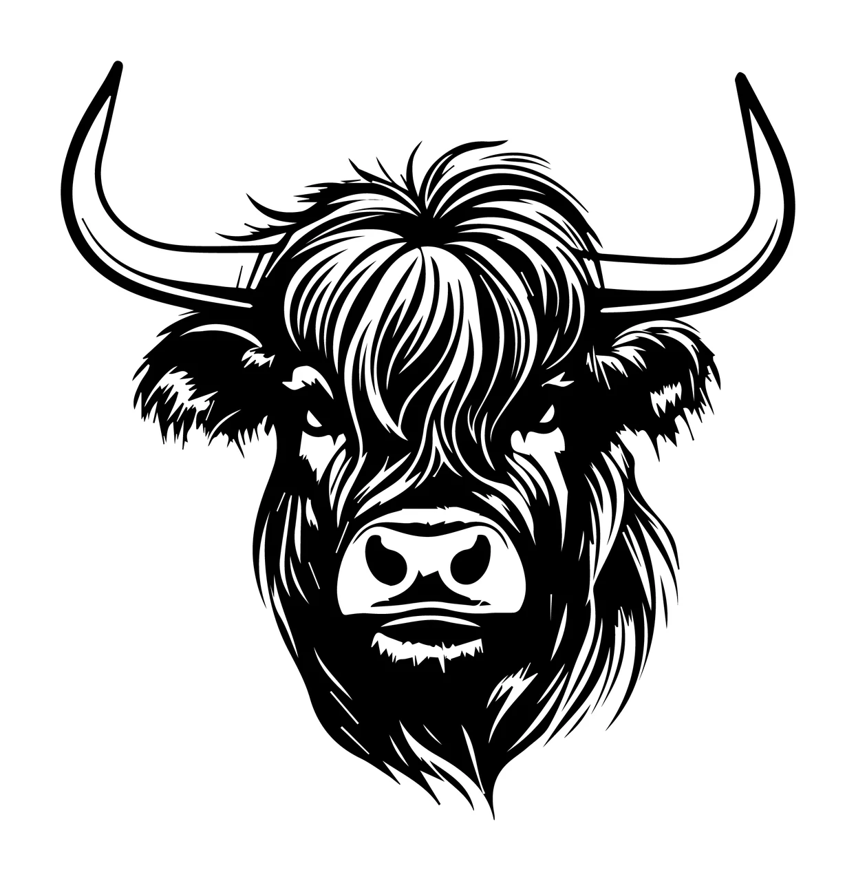 Black And White Bull Head Illustration facing forward horns