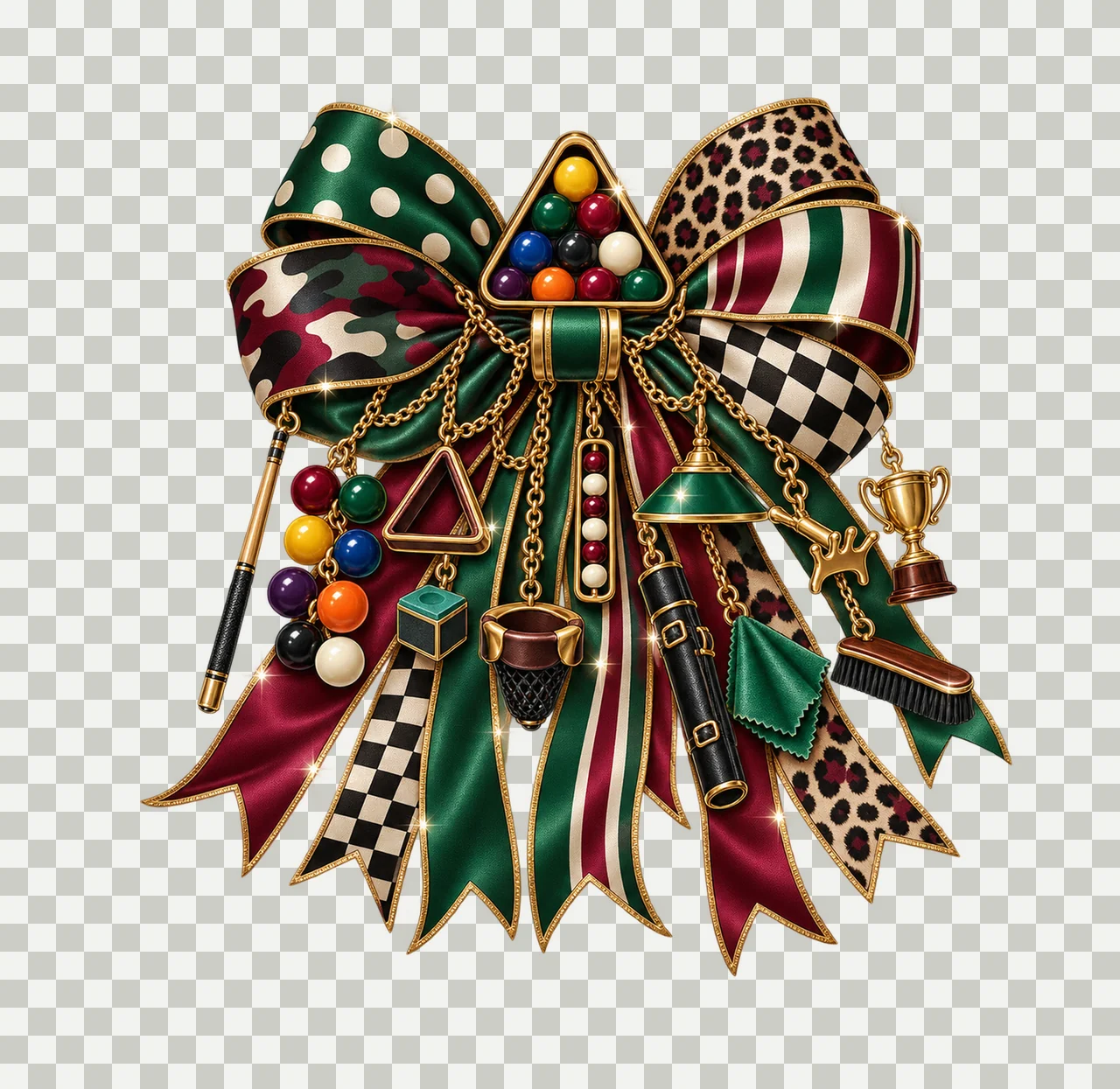 Billiards Pool Player Bow Charm PNG, Themed Gold Chain Charms, Coquette Ribbon Sublimation Design, Transparent Digital Download transparency and detail preview thumbnail