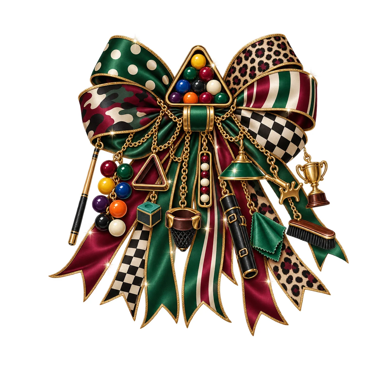 Billiards Pool Player Bow Charm PNG, Themed Gold Chain Charms, Coquette Ribbon Sublimation Design, Transparent Digital Download