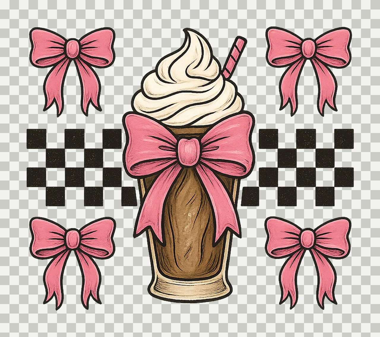 Love of Coffee Trendy Coffee Bow Pink Checkered Frappe Iced transparency and detail preview thumbnail