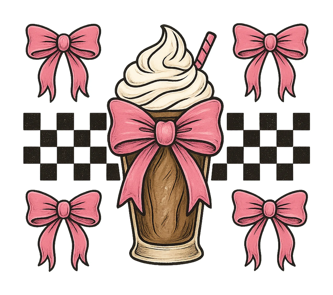 Love of Coffee Trendy Coffee Bow Pink Checkered Frappe Iced