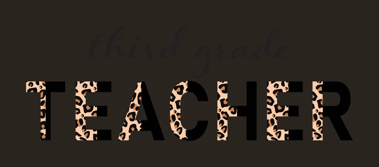 Third grade TEACHER Typography Design with cursive text, split block letters and leopard spots in black, tan and brown contrast preview thumbnail