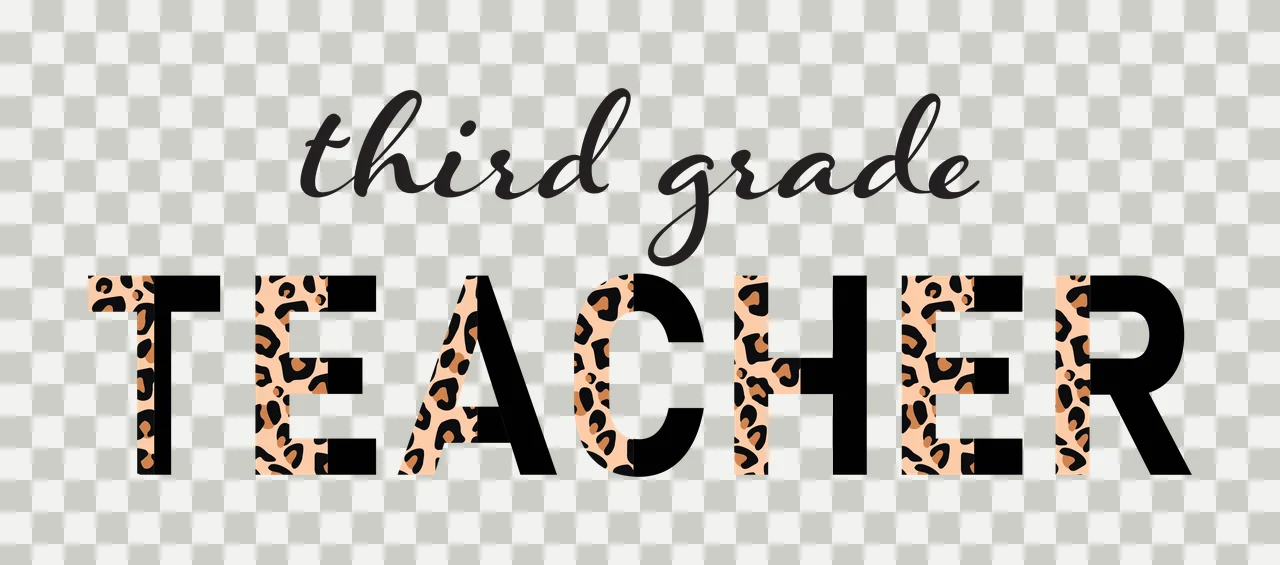 Third grade TEACHER Typography Design with cursive text, split block letters and leopard spots in black, tan and brown transparency and detail preview thumbnail