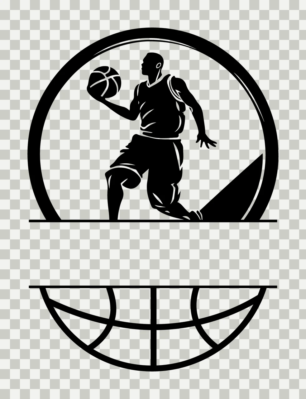 Basketball Player And Ball Emblem dribbling circle silhouette transparency and detail preview thumbnail