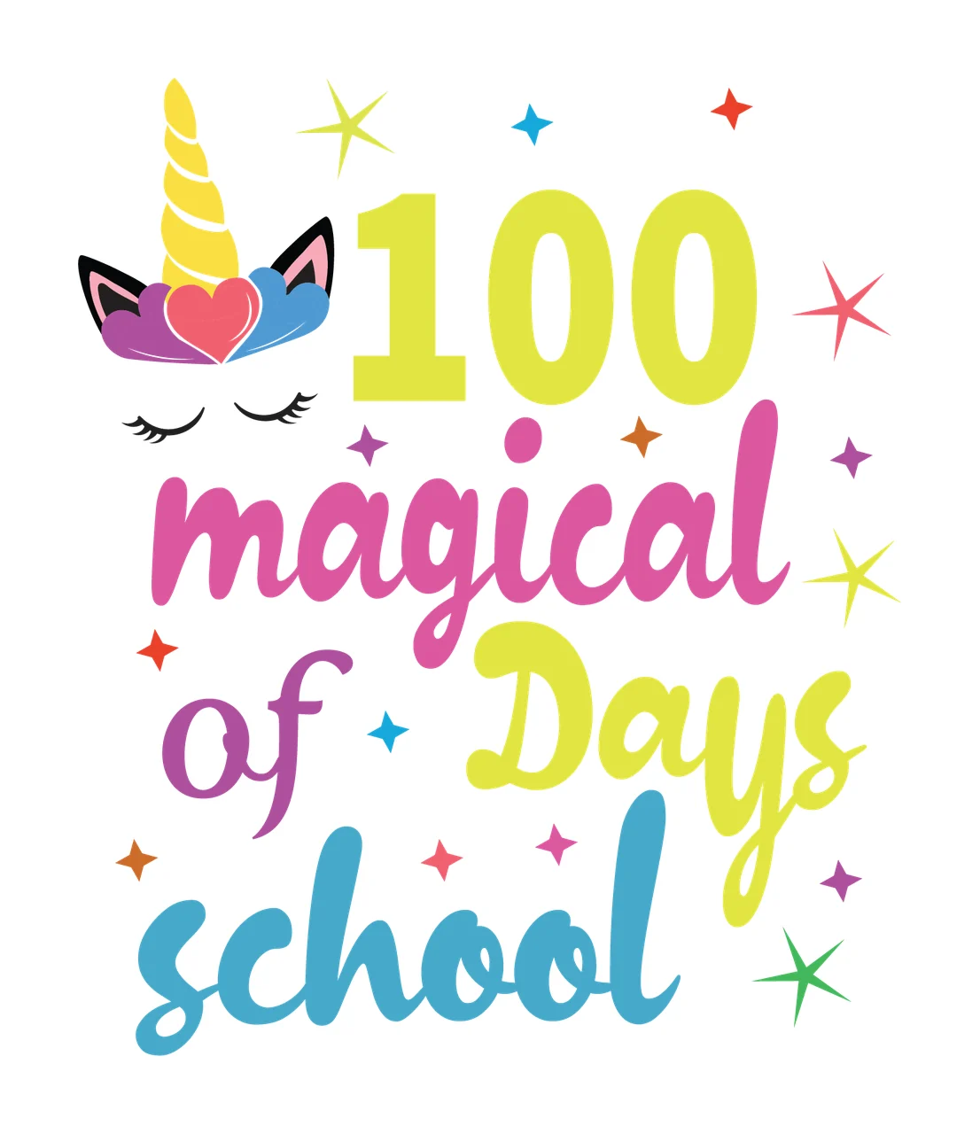 100 Magical Days Of School Unicorn stars typography black white