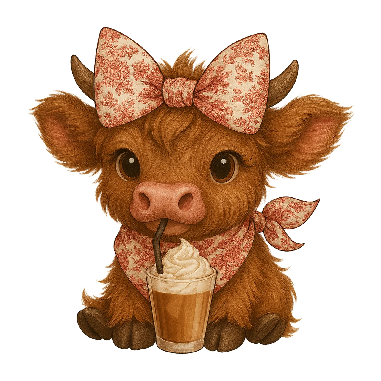 Coffee Addict Highland Cow Red Toile Floral Bow Highland Cow