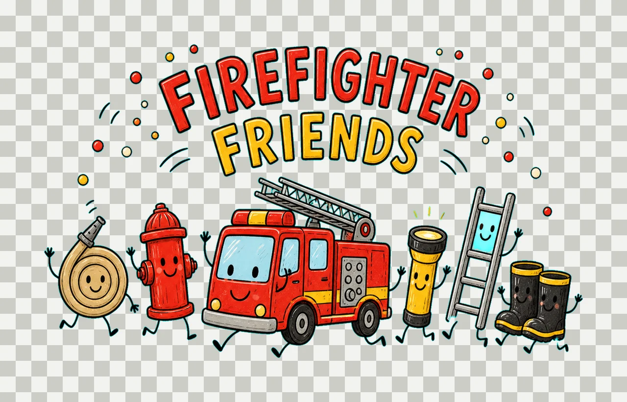 1 Firefighter Doodle PNG, Smiling Rescue Characters Retro Sublimation Design, Firefighter Friends Truck Lineup Shirt Clipart PNG Download transparency and detail preview thumbnail