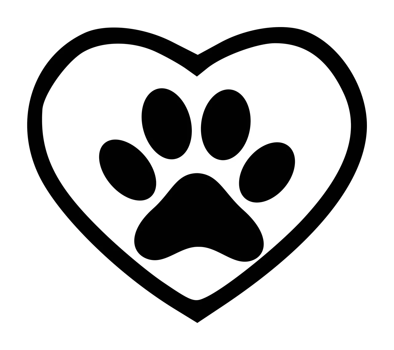 Line Art Illustration of Heart-shaped outline with paw print inside with black heart outline and black paw print with four pads in white