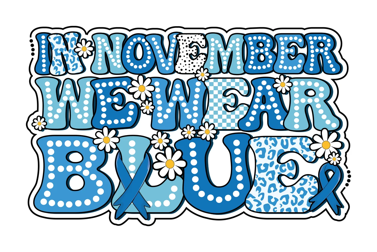 In November We Wear Blue Lettering display ribbon flower bubble