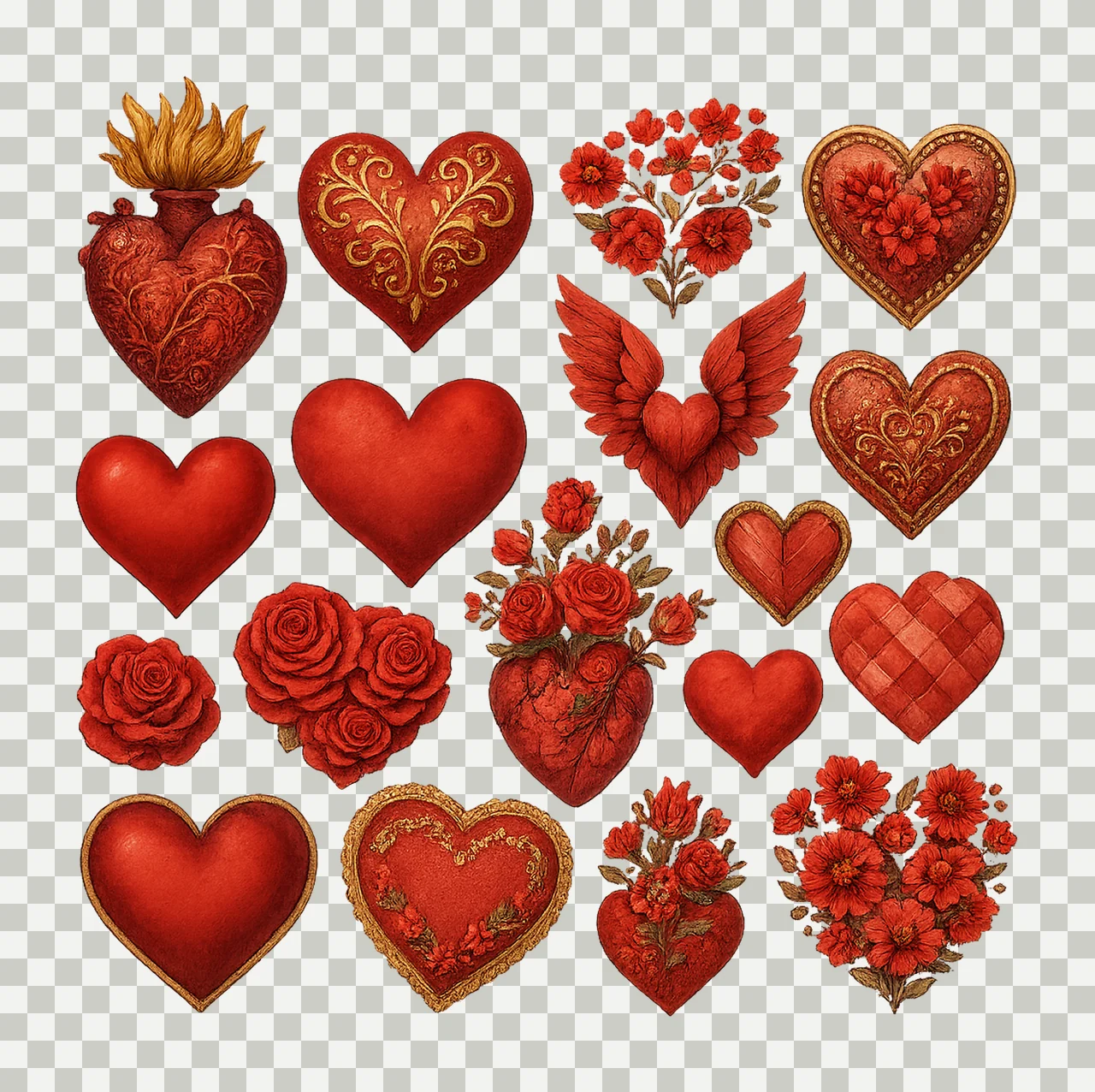 Red Hearts Clip Art Valentines Day Love Sublimation Design transparency and detail preview thumbnail