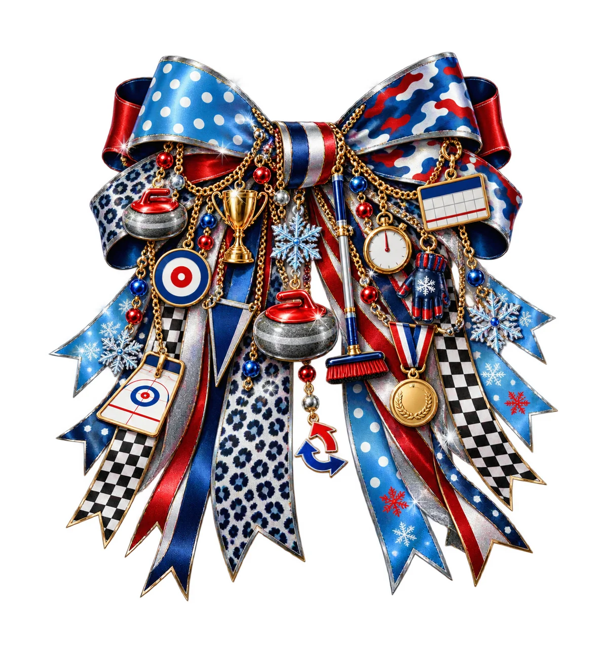 Curling Sport Bow Charm PNG, Curling Stones Broom Target and Trophy Charms, Winter Team Sublimation Design, Transparent Download