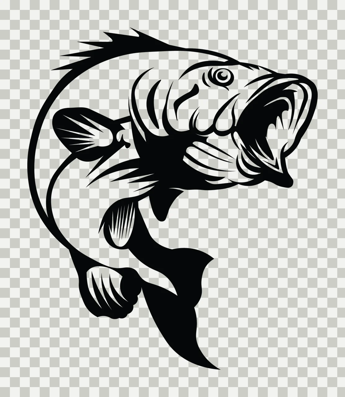 Fish Jumping With Open Mouth Fins Tail Scales Black White Plain transparency and detail preview thumbnail