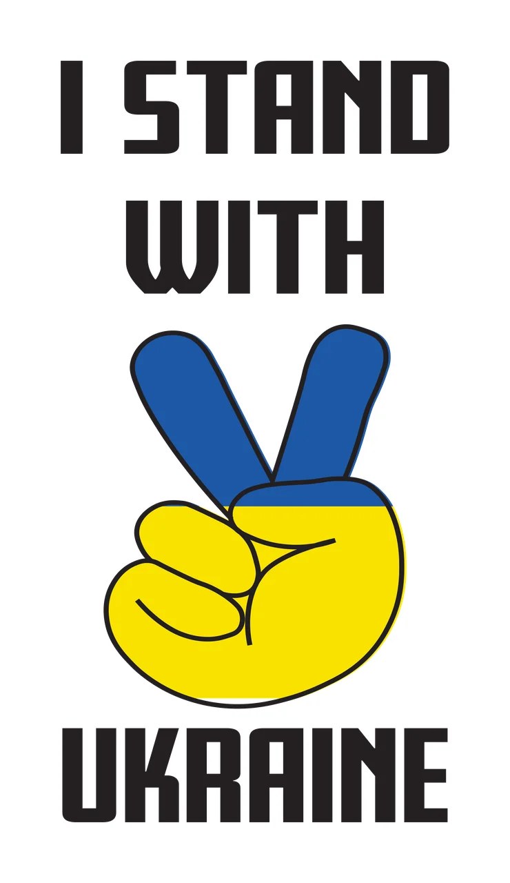 I STAND WITH UKRAINE peace sign gesture Design with peace sign hand gesture, I STAND WITH UKRAINE text and Ukrainian flag colors in blue, yellow and black