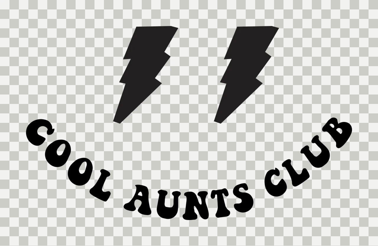 COOL AUNTS CLUB Typography Design with two black lightning bolts and black arched text in white transparency and detail preview thumbnail