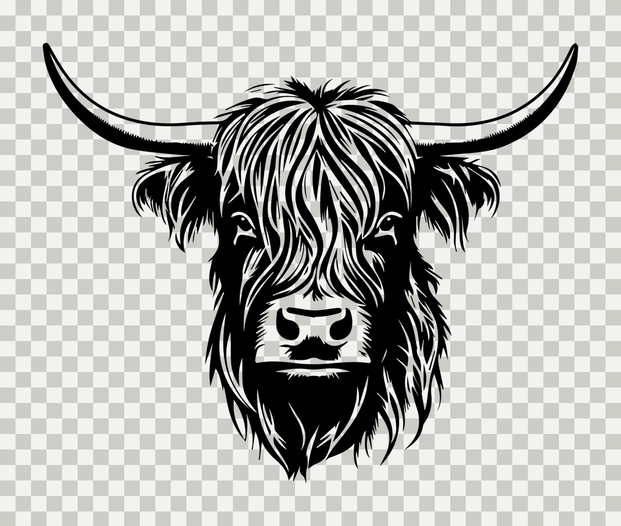 Cow Highland Head Portrait horns hair eyes muzzle engraving transparency and detail preview thumbnail