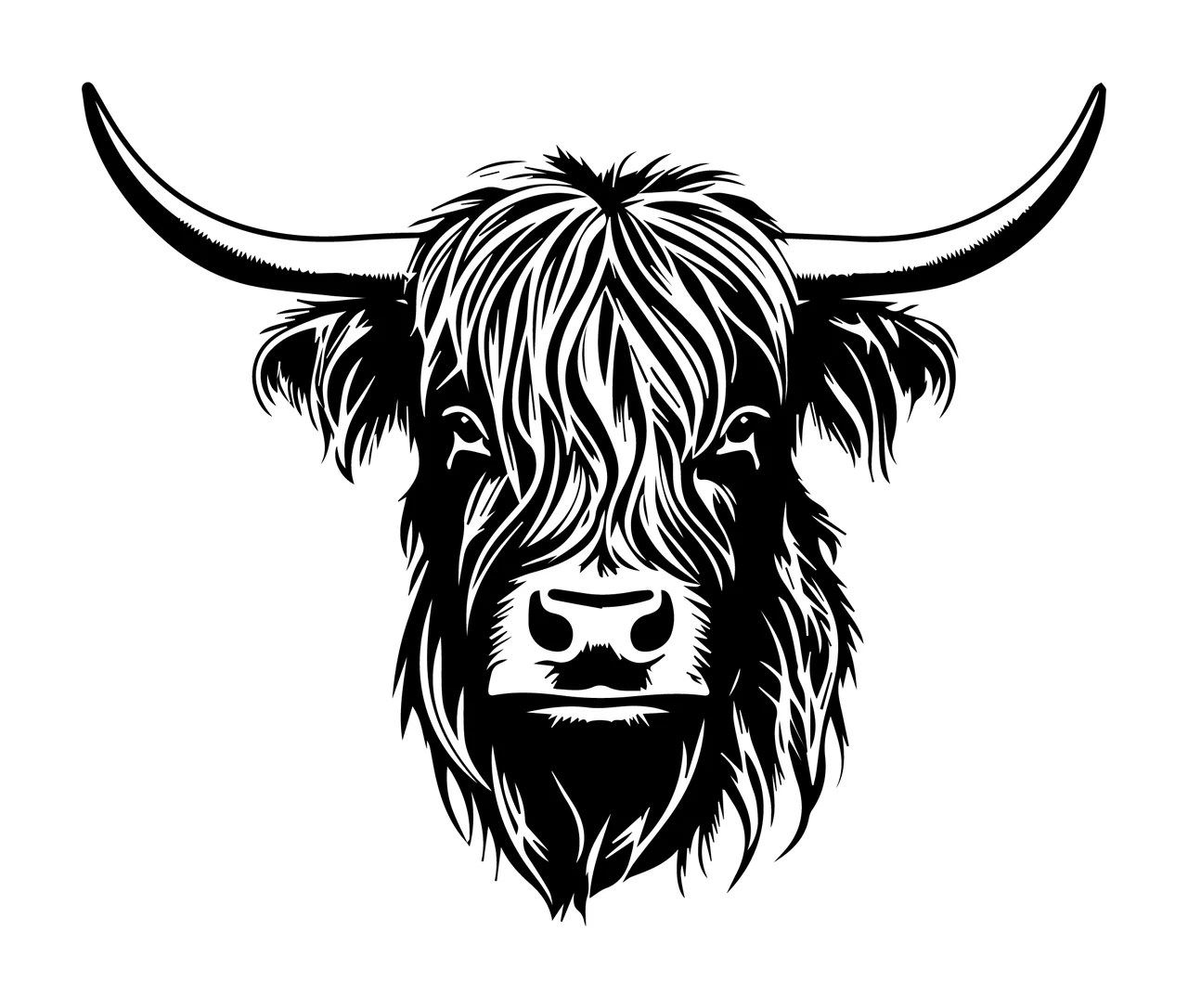 Cow Highland Head Portrait horns hair eyes muzzle engraving