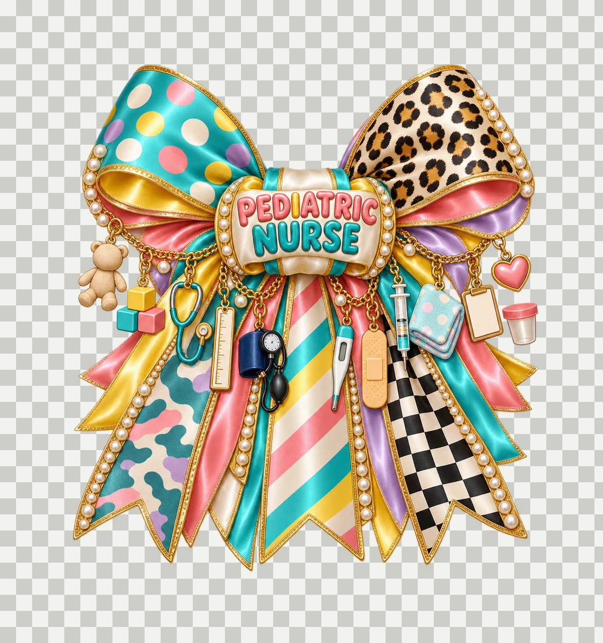 Pediatric Nurse Bow Charm PNG, Gold Chain Charms, Transparent Sublimation Design, Digital Download transparency and detail preview thumbnail