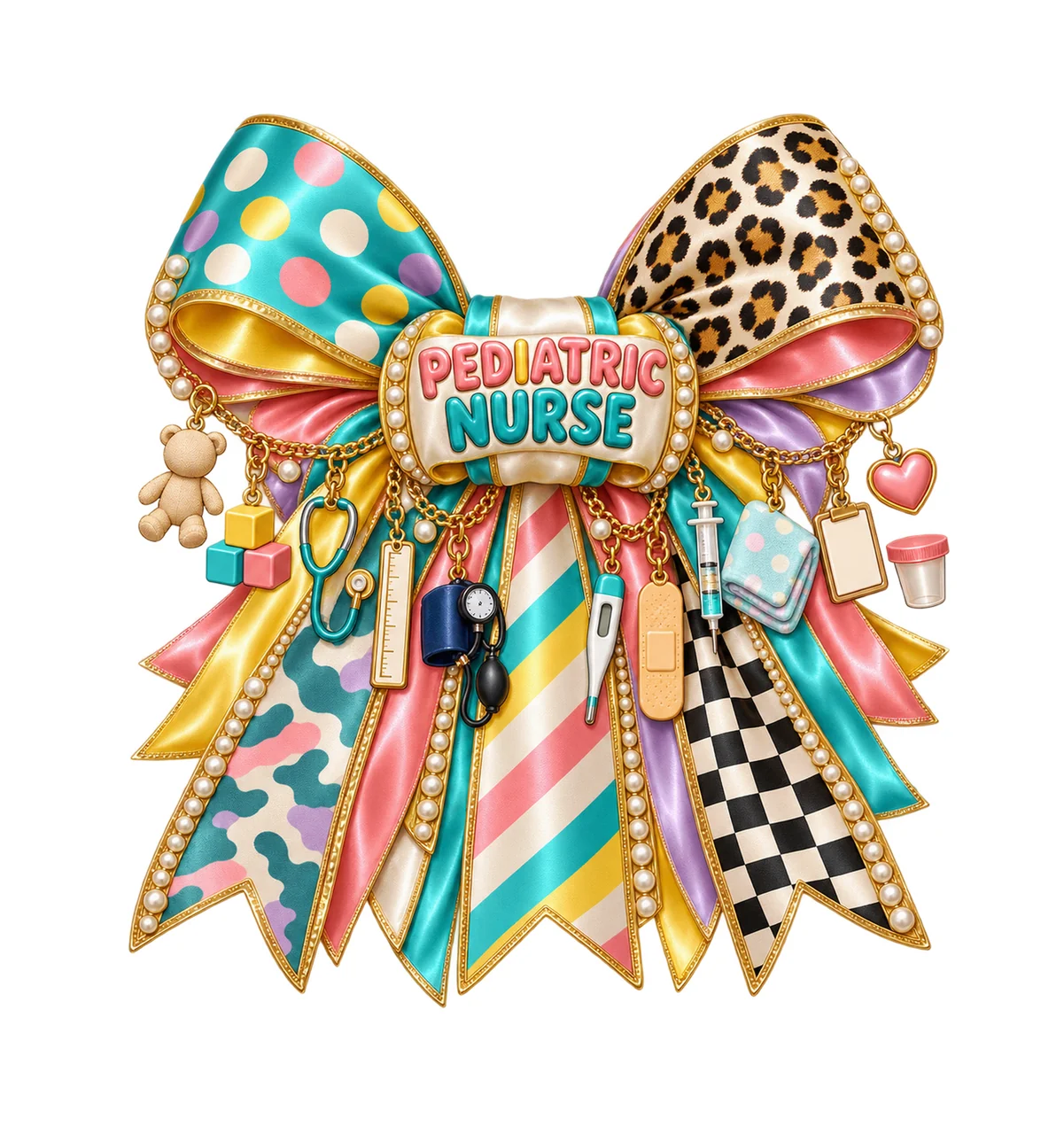 Pediatric Nurse Bow Charm PNG, Gold Chain Charms, Transparent Sublimation Design, Digital Download