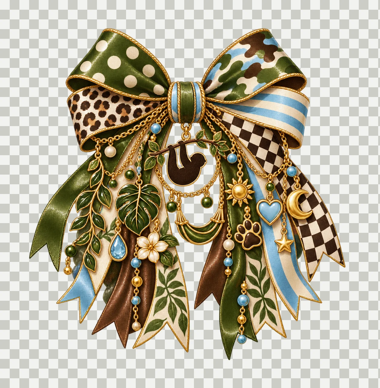 Sloth Lover Bow Charm PNG, Themed Gold Chain Charms, Coquette Ribbon Sublimation Design, Transparent Digital Download transparency and detail preview thumbnail