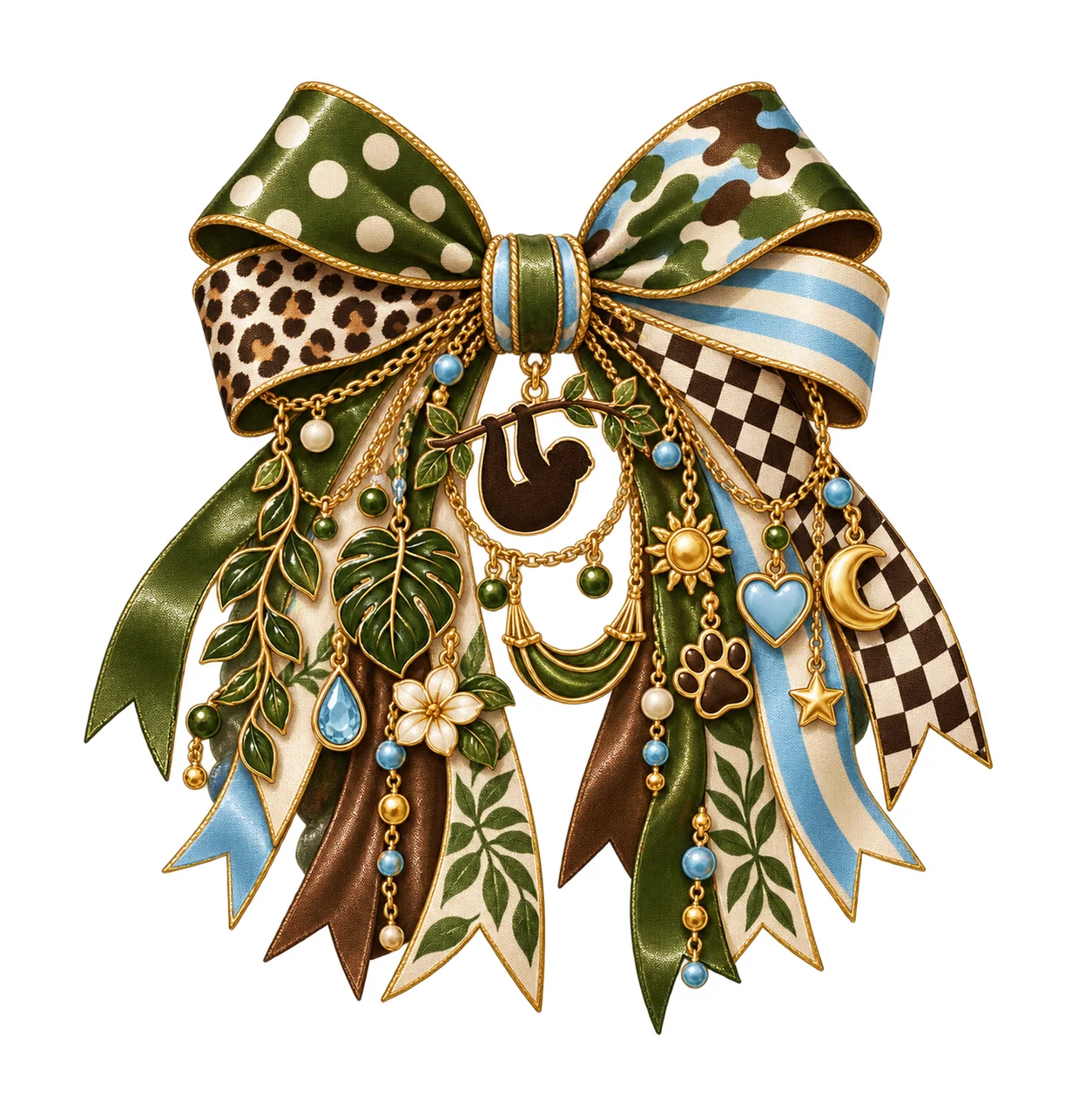 Sloth Lover Bow Charm PNG, Themed Gold Chain Charms, Coquette Ribbon Sublimation Design, Transparent Digital Download