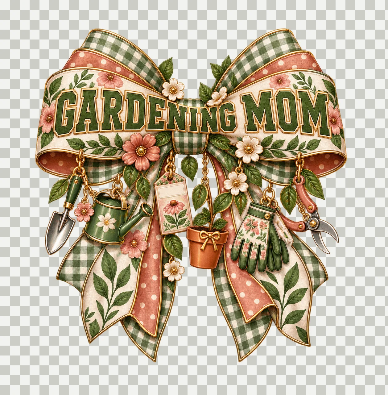 Gardening Mom Bow Charm PNG, Patterned Varsity Mom Ribbon Clipart, Transparent Sublimation Digital Download transparency and detail preview thumbnail