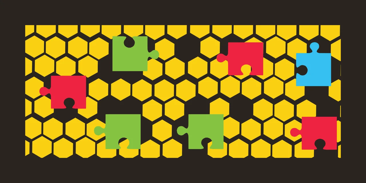 Puzzle pieces on honeycomb pattern Illustration with yellow hexagon background, red puzzle piece, green puzzle piece and blue puzzle piece contrast preview thumbnail
