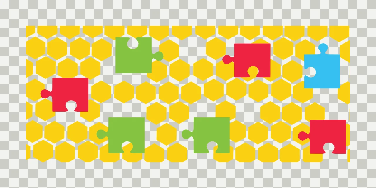 Puzzle pieces on honeycomb pattern Illustration with yellow hexagon background, red puzzle piece, green puzzle piece and blue puzzle piece transparency and detail preview thumbnail