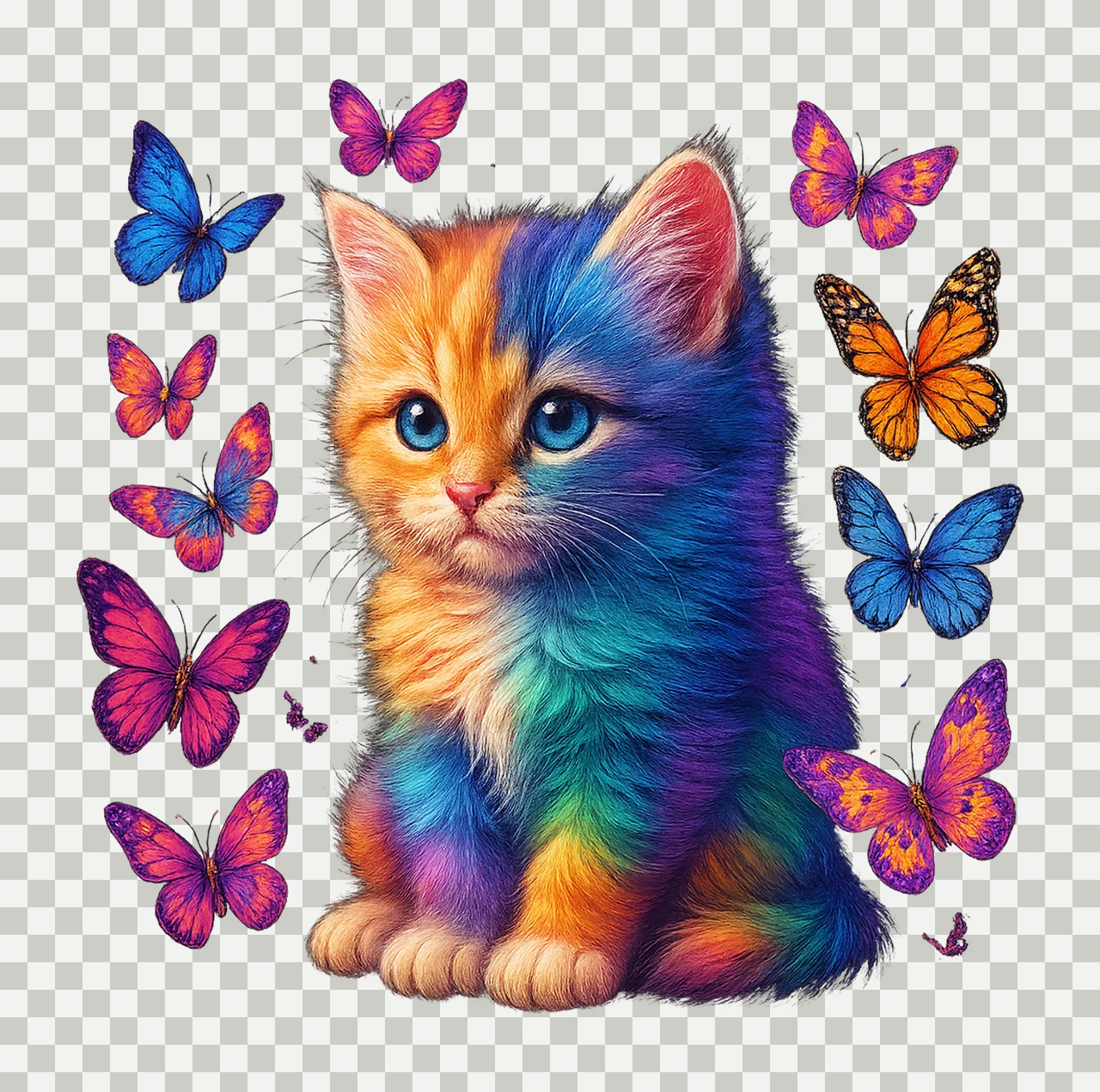 Rainbow kitten sublimation design colorful cat with transparency and detail preview thumbnail