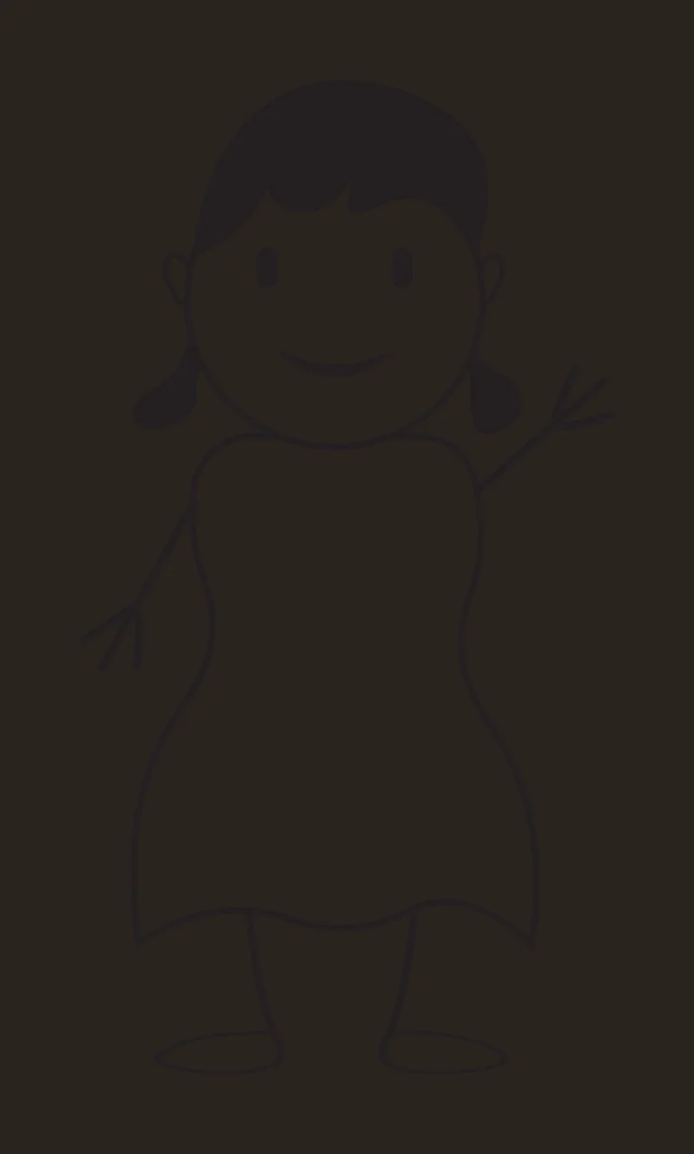 Line Art Illustration of Stick figure person with short hair, pigtails, dress and stick arms in black and white contrast preview thumbnail