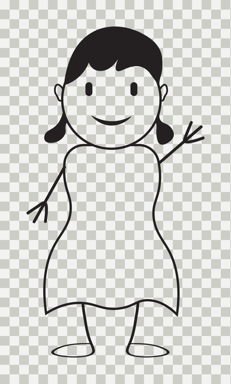 Line Art Illustration of Stick figure person with short hair, pigtails, dress and stick arms in black and white transparency and detail preview thumbnail