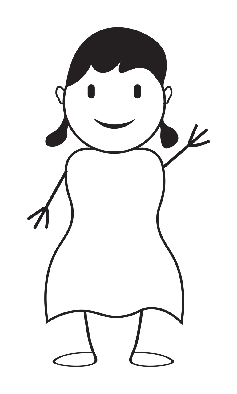 Line Art Illustration of Stick figure person with short hair, pigtails, dress and stick arms in black and white