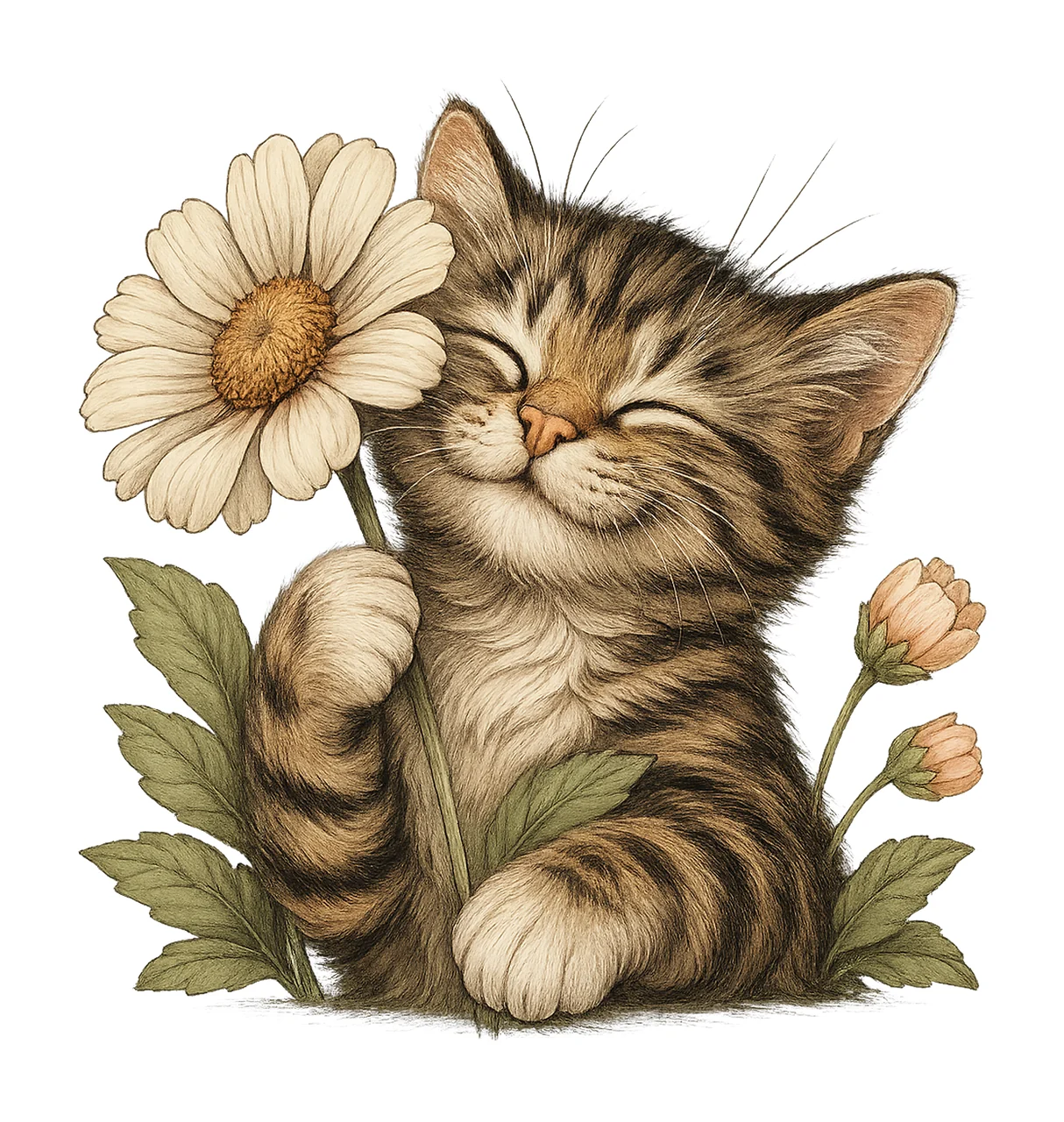 Floral Cat Artwork Cute Kitten with Flowers Nursery Art Pet