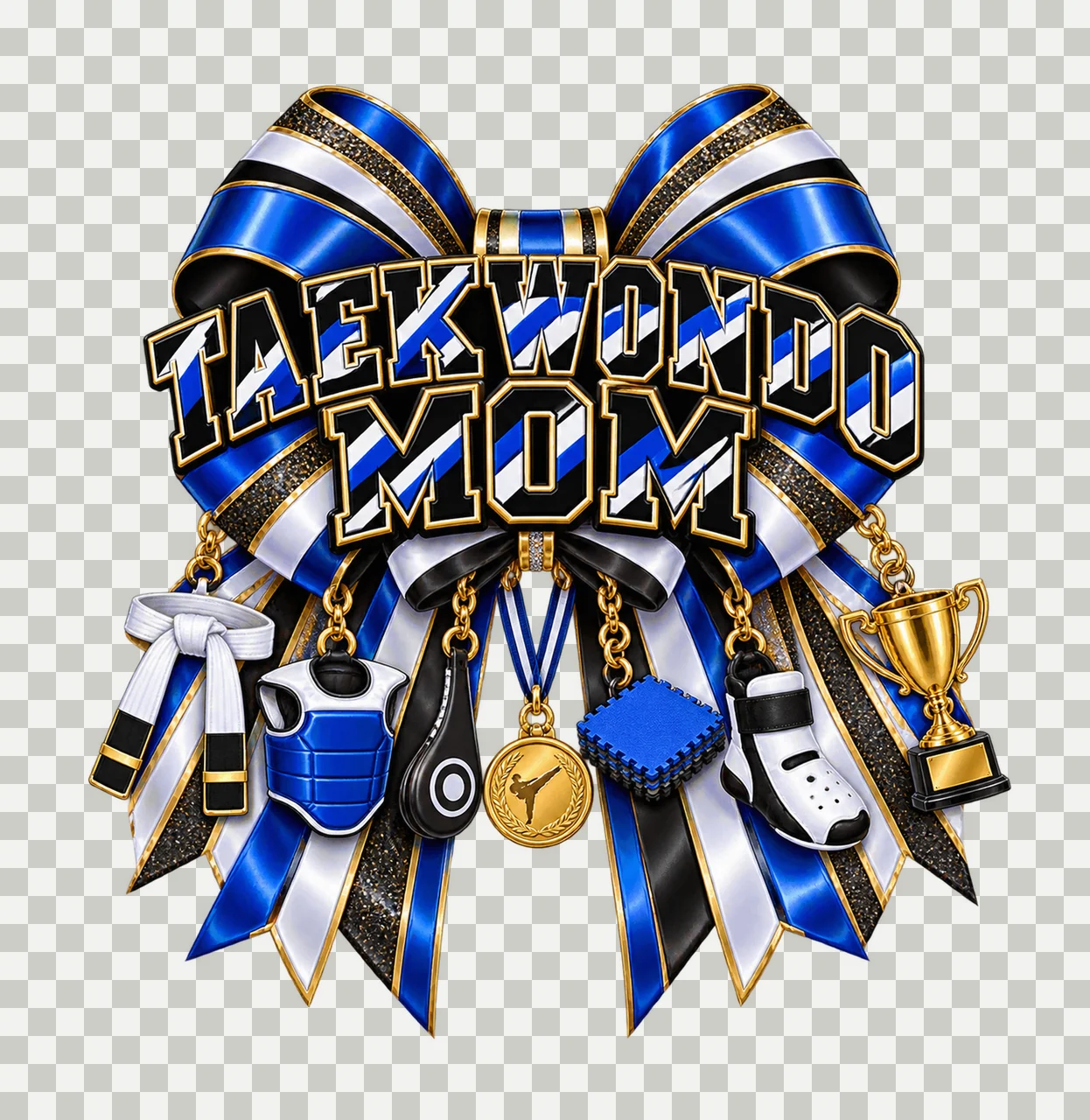 Taekwondo Mom Bow Charm PNG, Patterned Varsity Mom Ribbon Clipart, Transparent Sublimation Digital Download transparency and detail preview thumbnail