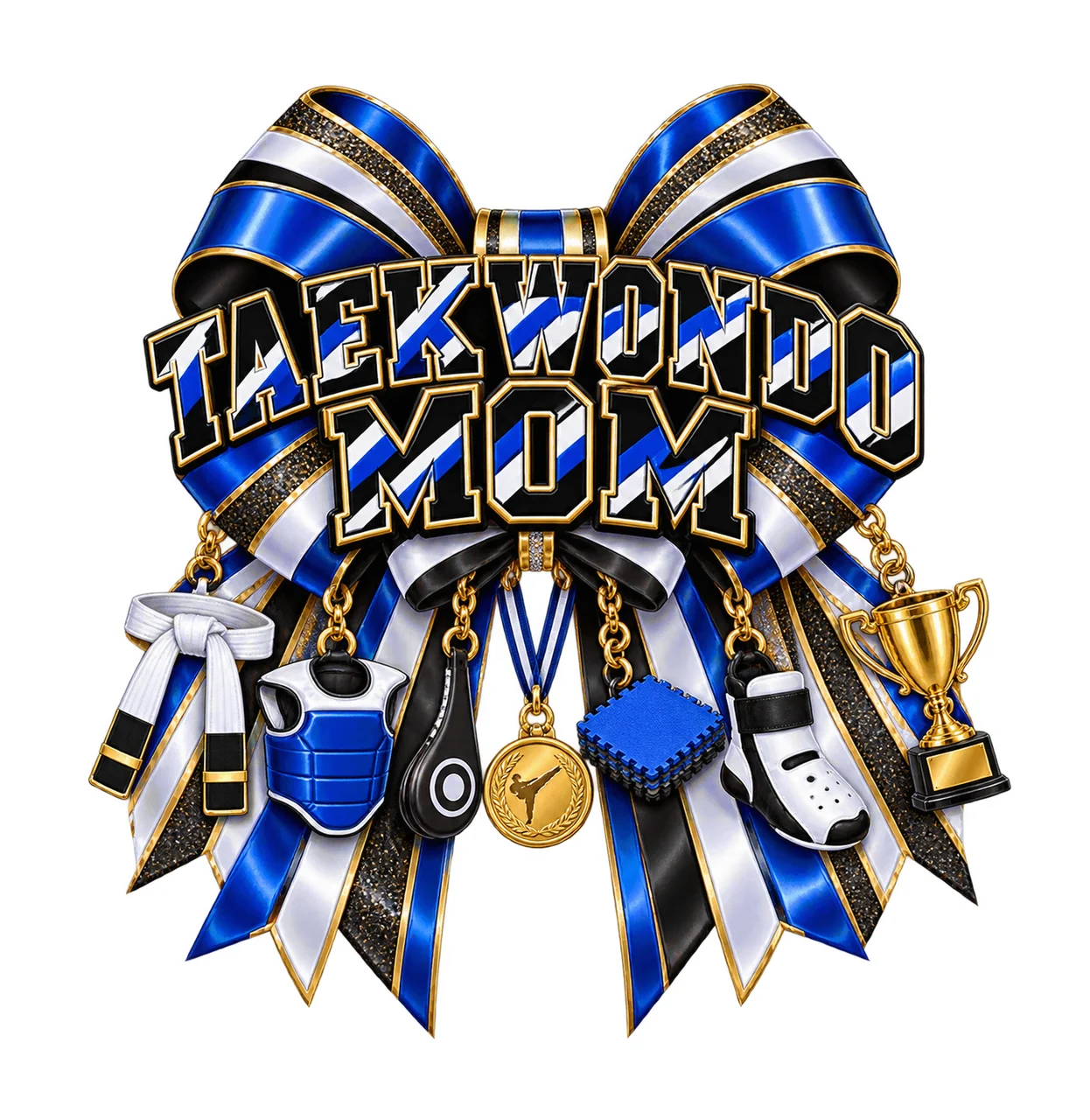Taekwondo Mom Bow Charm PNG, Patterned Varsity Mom Ribbon Clipart, Transparent Sublimation Digital Download